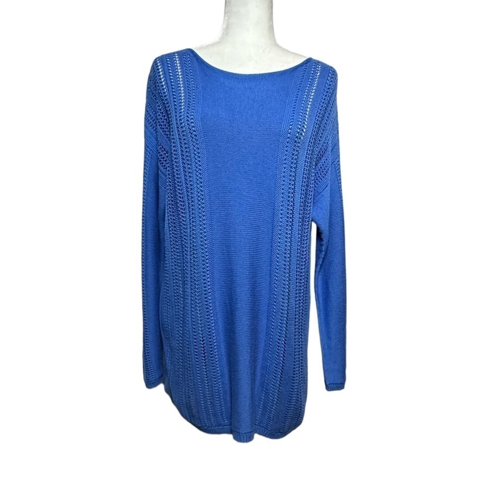 Lafayette 148 New York Blue Wide Boat Neck Crochet Mesh Knit Pullover‎ Sweater L